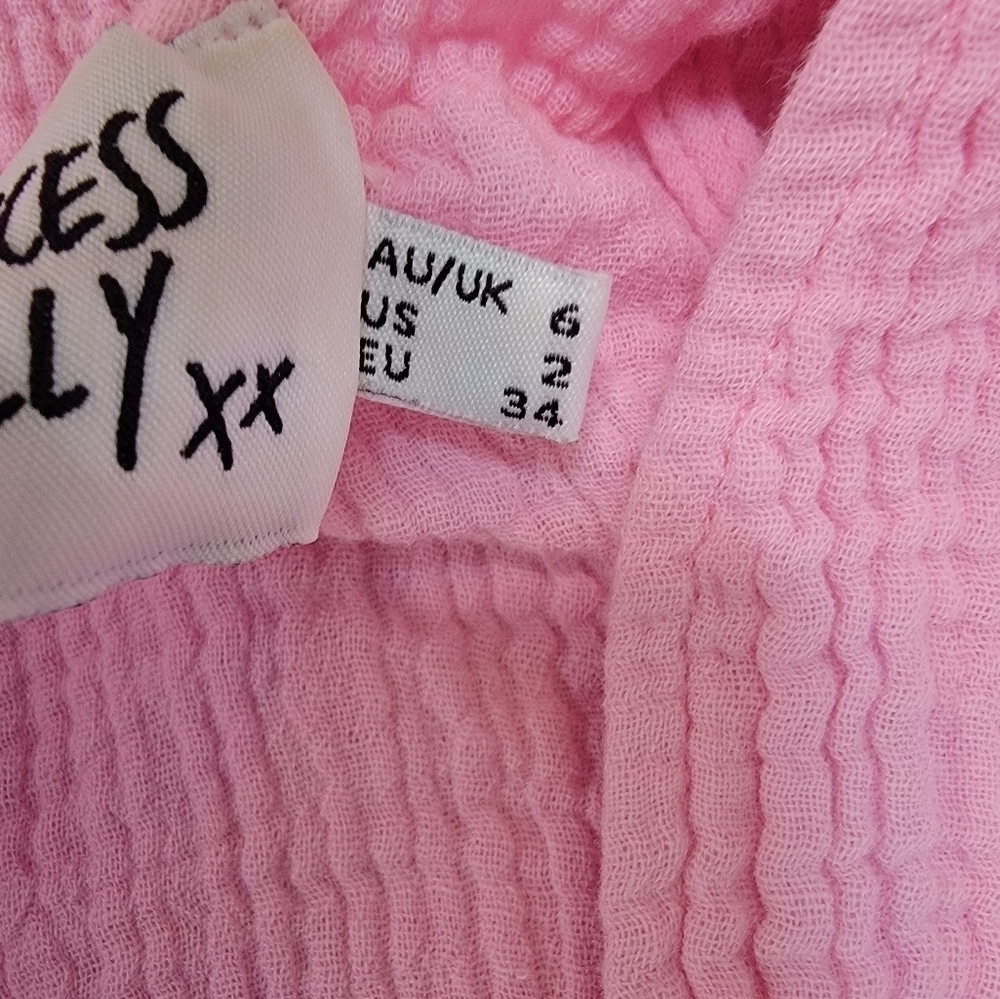 Princess Polly Mini Dress S, 2 Gauze Surplice Tiered Shapeless Babydoll Pink - Picture 2 of 8